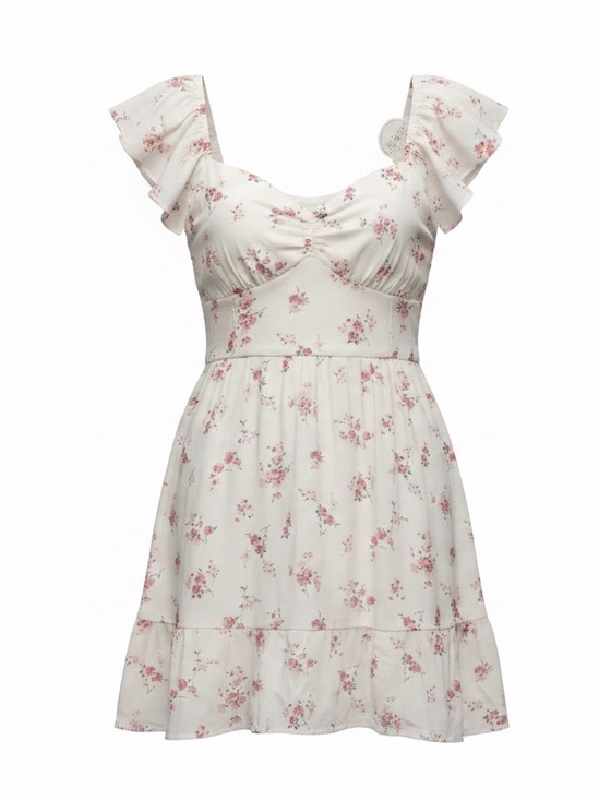 American Eagle Outfitters Dresses & Skirts - Floral Ruffle Sleeve Sun Dress - White with Pink Blossoms